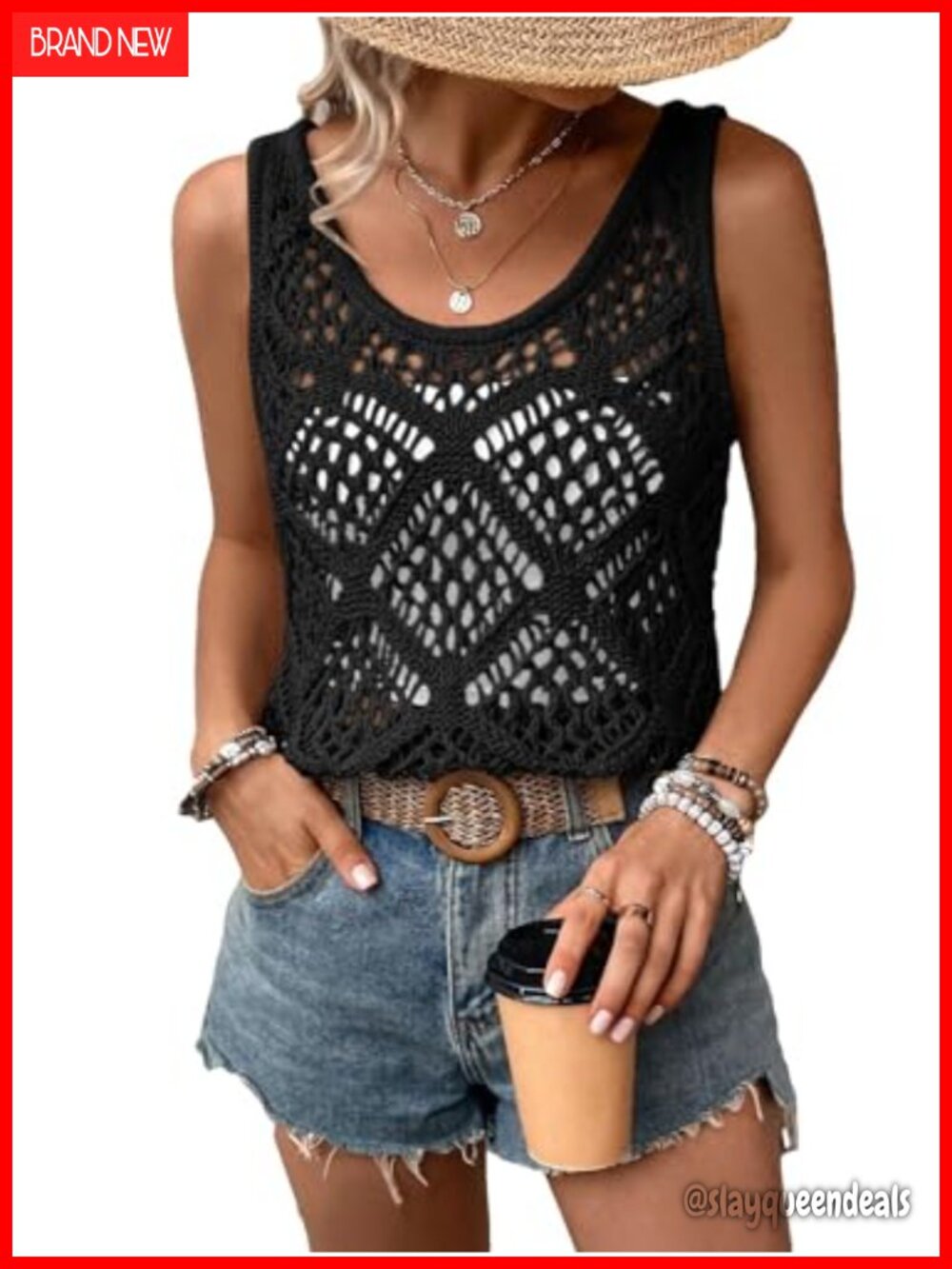 Crochet Knit Tank Top Sleeveless Sweater Vest Scoop Neck
